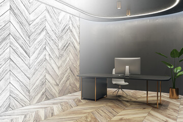 Poster - Drawing of modern office interior with wooden and concrete walls and floor, furniture and equipment. 3D Rendering.