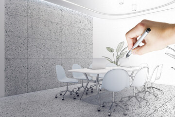 Poster - Hand drawn sketch of modern meeting room interior with equipment, furniture and decorative plants. Commercial workspace concept.
