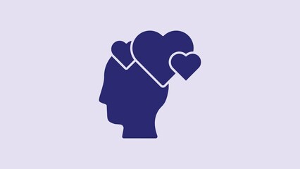 Sticker - Blue Human head with heart icon isolated on purple background. Love concept with human head. 4K Video motion graphic animation