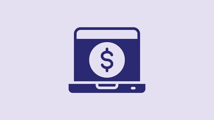 Sticker - Blue Laptop with dollar icon isolated on purple background. Sending money around the world, money transfer, online banking, financial transaction. 4K Video motion graphic animation