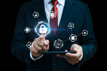 Wall Mural - Cyber Security. business man hand touching on smart phone with virtual graphic icon diagram on desk at office, contact us, digital marketing, business finance, internet network technology concept