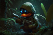 The duck in a sniper uniform is hiding in the dark forest. The duck lurks among the trees, its penetrating gaze sweeping around, ready for any potential threat. Generative AI.