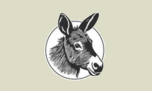 Vector Black And White Cute Sticker Of An Eared Donkey Head In A Circle. Logo, Icon Or Emblem.