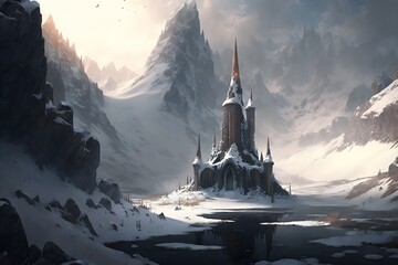 a castle in the snow among the mountains