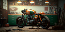 Custom Old School Cafe Racer Motorcycle In A Home Workshop, Generative Ai