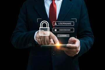 Wall Mural - businessman entering password on smart phone with internet technology on dark background, big data, online marketing, cyber internet security, information authentication, digital technology concept