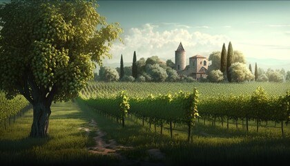 Winery with beautiful scenery of the field and a church in the background