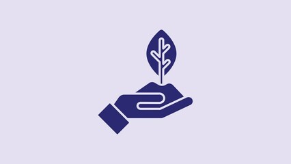 Sticker - Blue Plant in hand of environmental protection icon isolated on purple background. Seed and seedling. Planting sapling. Ecology concept. 4K Video motion graphic animation