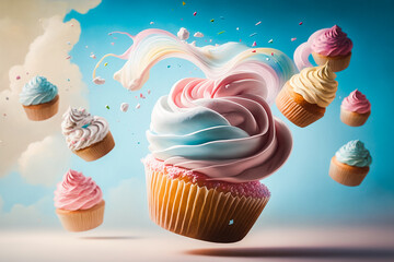 Canvas Print - Assortiments de cupcakes et gâteaux colorés volants , délicieuses gourmandises aux tons pastels - Générative iA