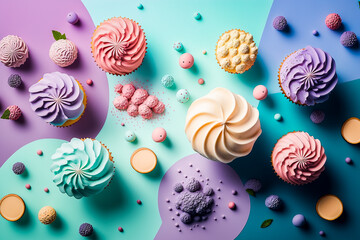Wall Mural - Assortiments de cupcakes et gâteaux colorés, délicieuses gourmandises aux tons pastels - Générative iA