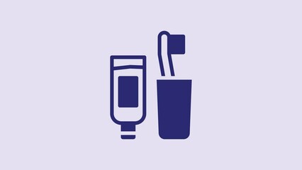 Sticker - Blue Toothbrush and tube of toothpaste icon isolated on purple background. Disposable bathroom supplies. 4K Video motion graphic animation