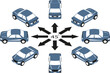 Rotation of logo car by 45 degrees. The flat cars in logo style in different angles in isometric view.