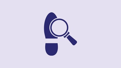 Wall Mural - Blue Magnifying glass with footsteps icon isolated on purple background. Detective is investigating. To follow in the footsteps. 4K Video motion graphic animation