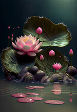 Group Of Pink Flowers Sitting On Top Of A Body Of Water. Generative Ai.