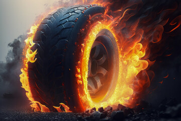 Poster - pair of tires on fire on black background. Generative AI.