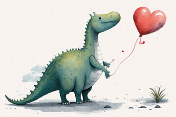 Sticker - green dinosaur holding red heart balloon. Generative AI.