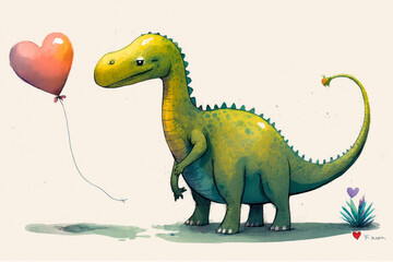 Sticker - green dinosaur holding heart shaped balloon. Generative AI.