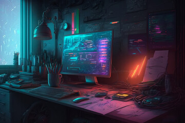 Wall Mural - computer desk with monitor and keyboard. Generative AI.