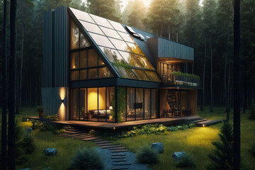 Poster - house in the middle of forest. Generative AI.