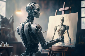 Ai Art. Robot painting picture. Artificial intelligence concept. 3D Digital Painting. Generative Ai technology