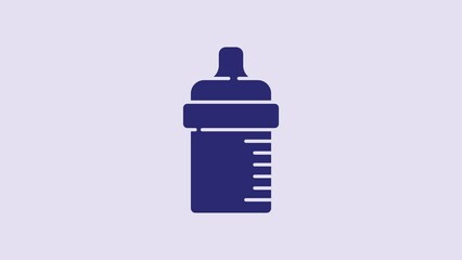 Canvas Print - Blue Baby bottle icon isolated on purple background. Feeding bottle icon. Milk bottle sign. 4K Video motion graphic animation