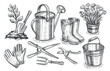 Gardening concept. Hand drawn garden items set in sketch style. Vintage vector illustration