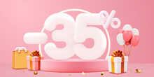 35 Percent Off. Discount Creative Composition. Sale Symbol With Decorative Objects, Balloons, Golden Confetti, Podium And Gift Box. Sale Banner And Poster.