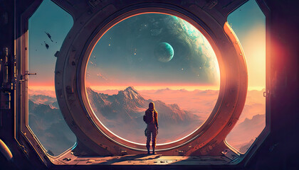 illustration of the astronaut standing near illuminator with view on an other planet