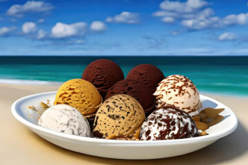 Wall Mural - Chocolate ice cream with the sea in the background. AI generative.