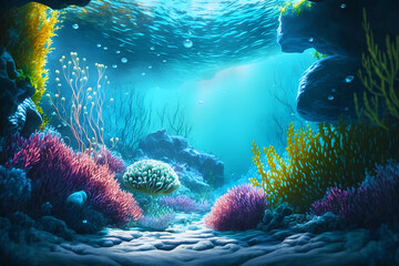 Underwater bright background with coral algae and air bubbles.AI generated.