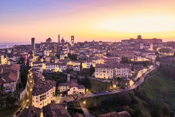 Wall Mural - High point of view at buildings in Bergamo Alta during dusk, Lombardy Italy.