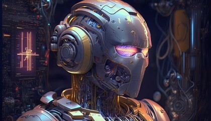 Poster - Smart mind intelligence robot design background. Futuristic cyber robotic machine smart mind. Generative AI technology.