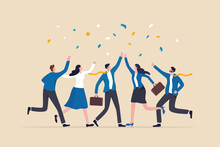 Employee, Organization Or Company Worker, Team Or Teamwork Success Together, Staff Partnership Or Community Concept, Success Businessman, Businesswoman Colleague High Five For Winning Celebration.