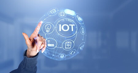 Poster - Woman finger touch IOT and icons, smart devices and connection