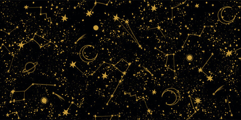 Wall Mural - black night sky with constellations seamless pattern for tarot. template for astrology, natal chart,