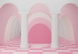 White and pink architectural scene with podium, arches and columns on the floor as chessboard. Modern 3D template minamal design
