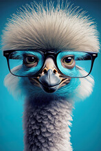 Fluffy Feather Ostrich With Glasses On. Close-up Portrait. Blue Background. Generative Ai.