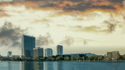 Wall Mural - Orlando panoramic view from Lake Eola at dusk, Florida