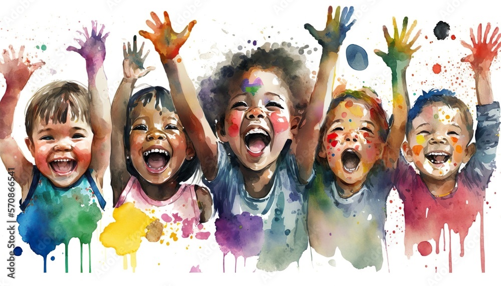Children's party with face painting. Happy children raise their hands ...