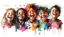 Group Of Happy Children Grimace And Laugh. Watercolor Illustration