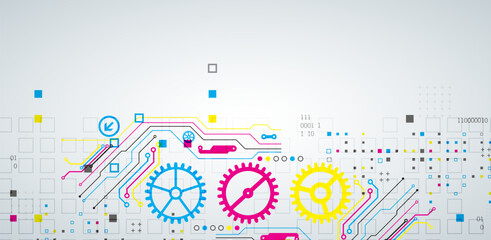 Abstract technological background with various elements. CMYK concept. Vector