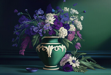 Sticker - Purple and white flowers in a vase against a blue wall with a green ribbon