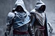 Two masked assassins stand side by side, their sleek and imposing blue and ice silver armor glinting in the light.