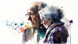 elderly couple looks worried, frustrated and terrified into the future, portrait, Old-age poverty, Limited financial resources, watercolor illustration, people art. Generative AI