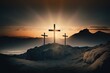 Symbolbild für Jesus Kreuzigung mit 3 Kreuzen im Sonnenaufgang und Lichtstrahlen zum Karfreitag. Emotionales Hintergrundbild zum Gedenken an Jesus zu Ostern. Platzhalter Text vorhanden. KI generiet
