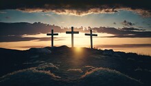 Symbolic Image For Jesus Crucifixion With 3 Crosses In The Sunrise And Rays Of Light For Good Friday. Emotional Wallpaper Commemorating Jesus At Easter. Placeholder Text Available. AI Generated