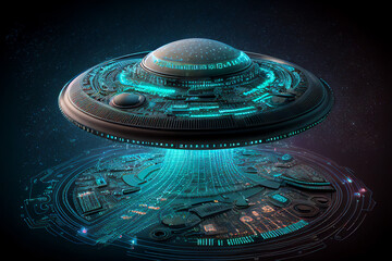 UFO flying saucer spaceship from outer space which is an alien craft to planet Earth, computer Generative AI stock illustration image