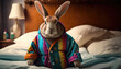 a rabbit in a colorful bathrobe sits in bed