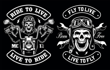 set of a skull biker patch on a dark background