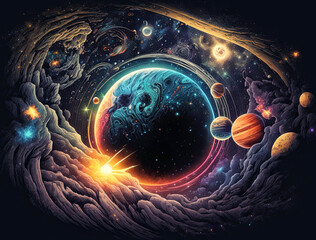 Wall Mural - colorful outer space with constellations, galaxies, planets and nebulae. Generative AI